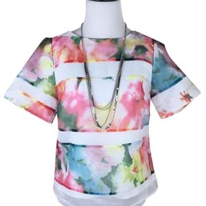 Pink Blue White Watercolor Floral Dressy Blouse